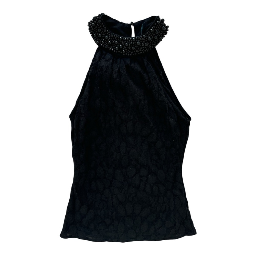 “Elegant Black High-Neck Sleeveless Blouse with Beaded Collar